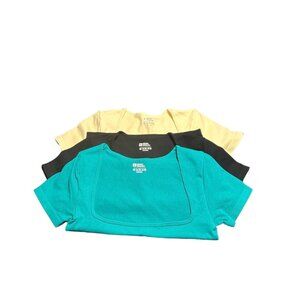 3 pc. Ribbed Crop Top Seamless Square Neck Short Sleeve Tank Top - Small 3 color